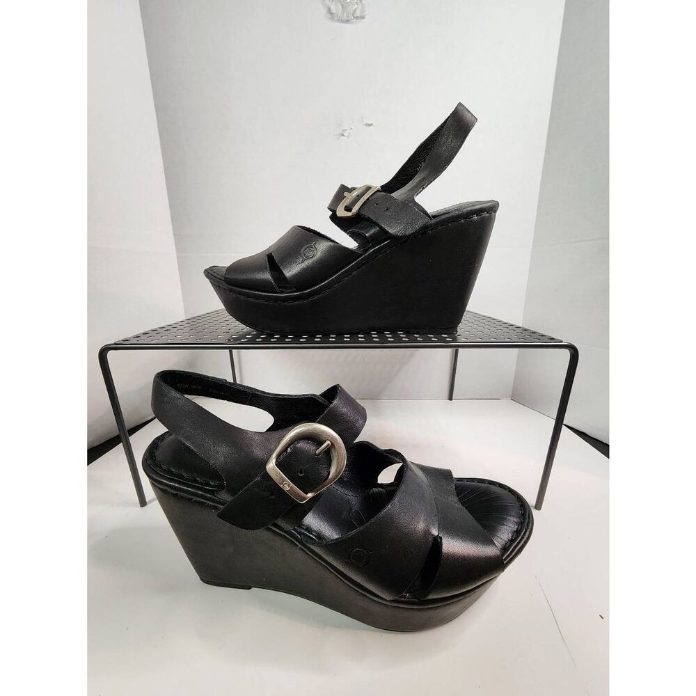 BORN‎ Black Leather Wedge Sandals Buckle Strap 7M